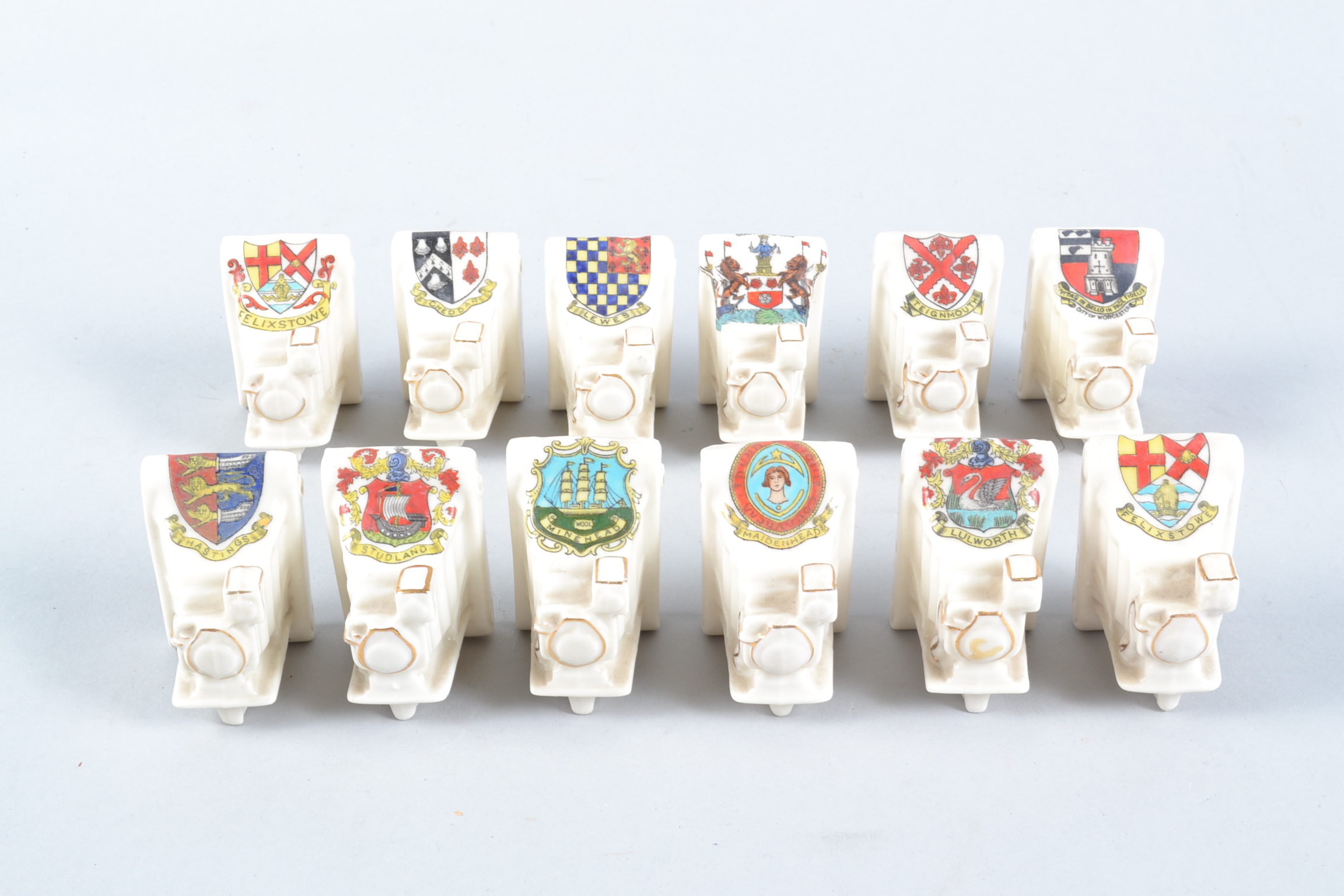 Arkinstall & Sons 'Arcadian' Crested China Folding Cameras, crests comprising Felixstowe (2),