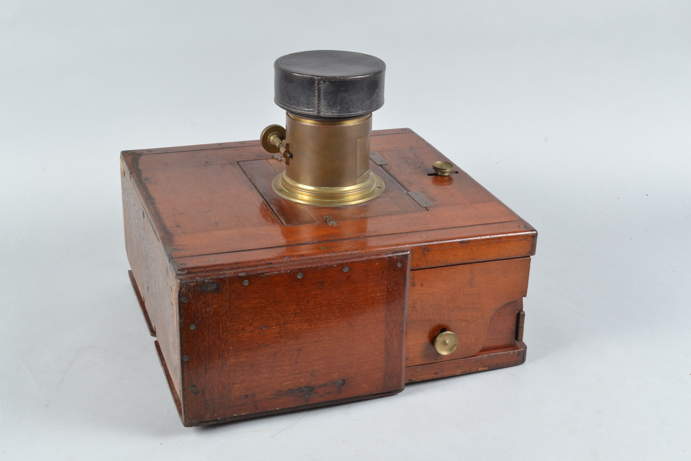 A Large Mahogany Tailboard Camera, 12 x 12in, square cornered, straight maroon bellows, no - Image 7 of 7