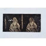 Stereoscopic Images, uncased ambrotype of lady in best bonnet and trimmings, seated against