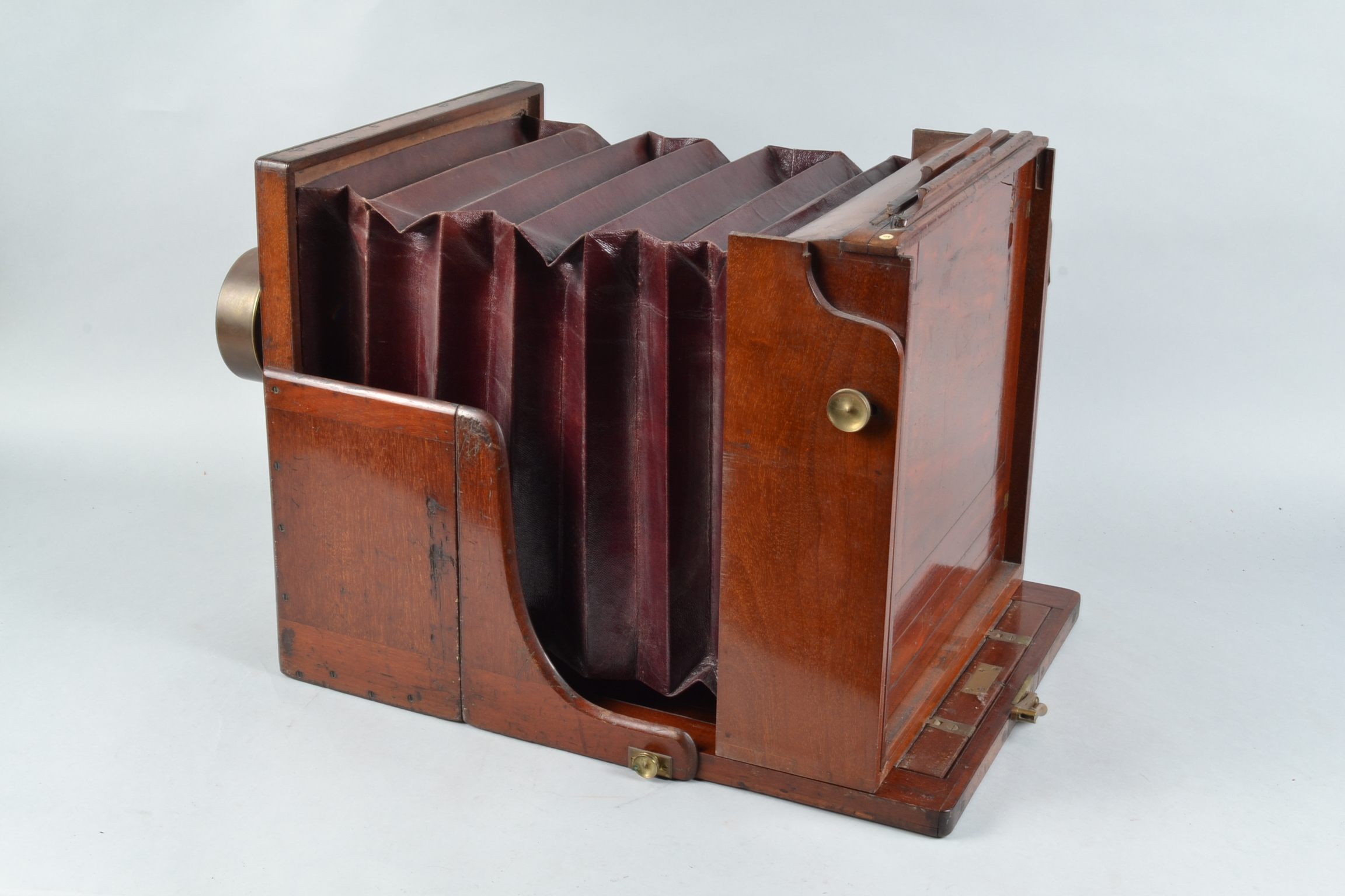 A Large Mahogany Tailboard Camera, 12 x 12in, square cornered, straight maroon bellows, no - Image 2 of 7