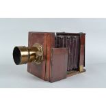 A Shew Tailboard Camera, 6½ x 6½in format, circa 1890, parallel red bellows, rack and pinion