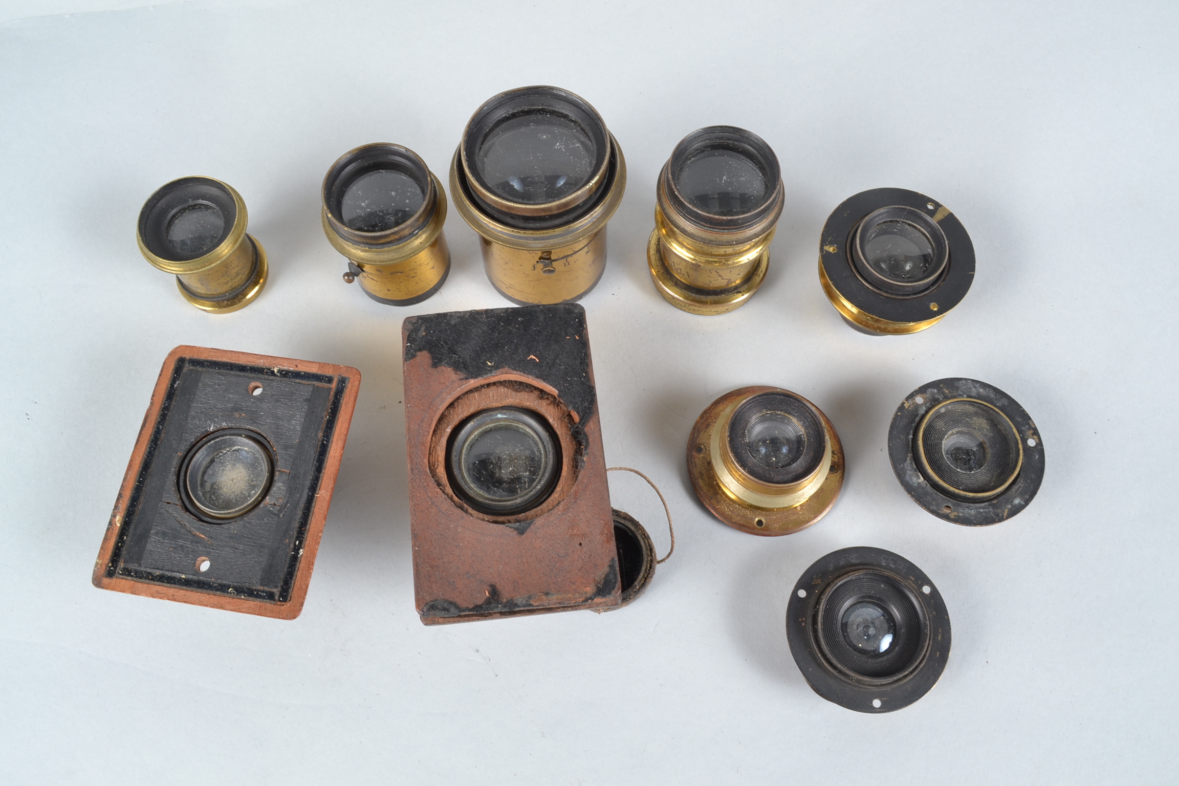 Ten Various Brass Lenses, including a Dallmeyer 5 x 4 Rapid Rectilinear lens, a Ross No 2 W.A. - Image 2 of 3