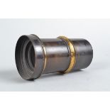 A Brass and Black Lens, circa 1900, 5cm diameter, 10cm length, 6in approx focal length, with iris