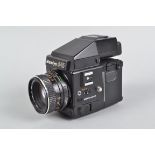 A Mamiya 645 Super Camera, serial no 201194, body G, light wear, battery cover, winder, dark slide