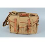 A Billingham Large Camera Bag, khaki canvas, tan leather, olive interior, three zipped compartments,