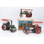 Three Live Steam Road Engines by Wilesco and Mamod, Wilesco 'Old Smoky' traction engine in blue/