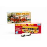 A Swallow Toys (Japan) Tinplate Friction Fire Engine, Alps plastic battery-operated School Bus, in