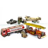 Playworn Tinplate Toys, Mettoy clockwork Fire Engine, Japanese friction drive 'Mobilgas' Tanker