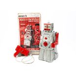 Ideal Toys Remote Control Robert The Robot, 1950's, silver plastic body, red arms, rear crank