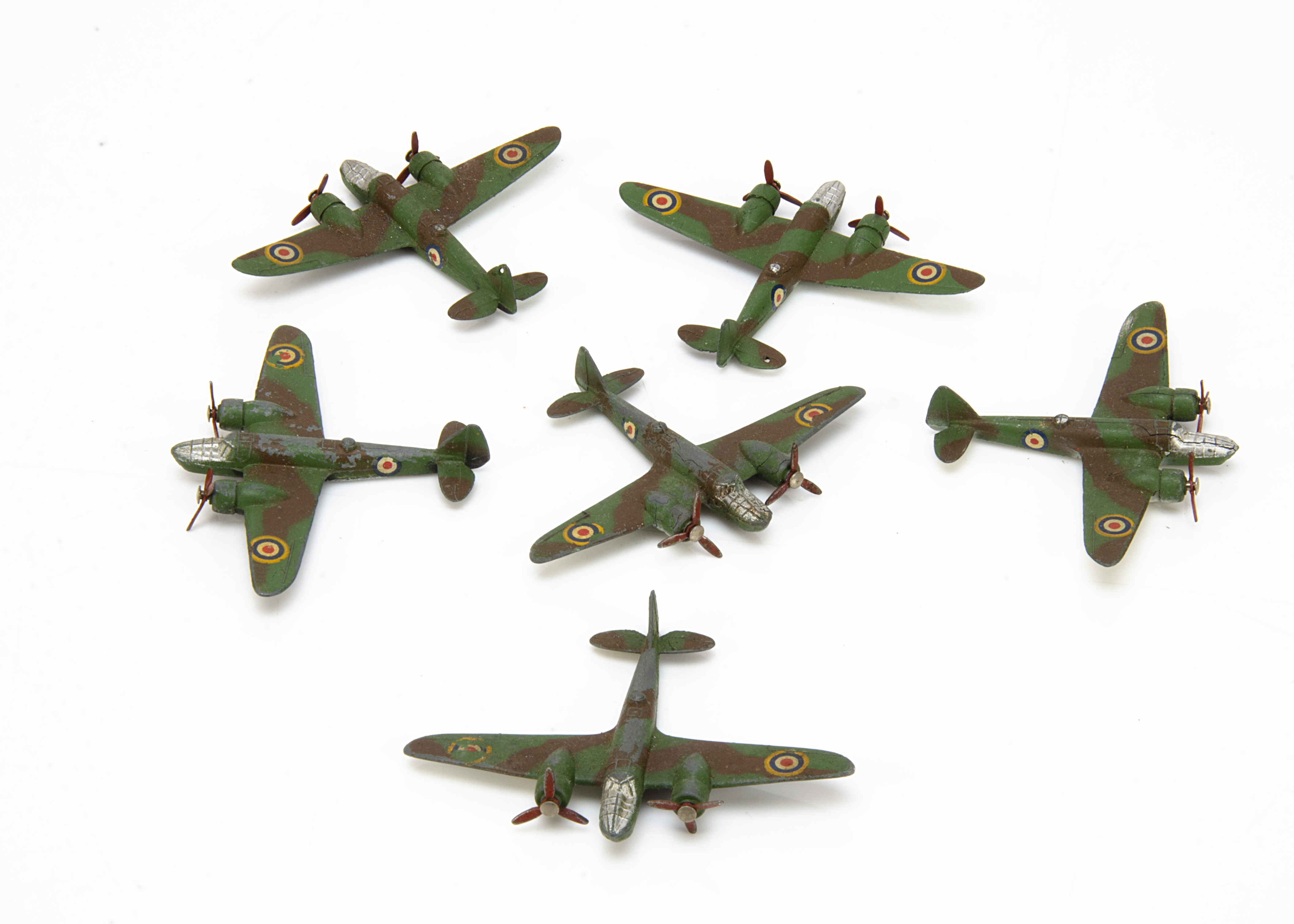 Pre-War Dinky Toys 62d Bristol Blenheim Bomber Set, six planes, camouflaged tops, black/white