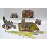 00 Gauge kit-built card Buildings, including large church with Graveyard, row of shops, stone Houses