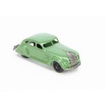 A Dinky Toys 30a Chrysler Airflow Saloon, green body, black ridged hubs, E, a few minute chips