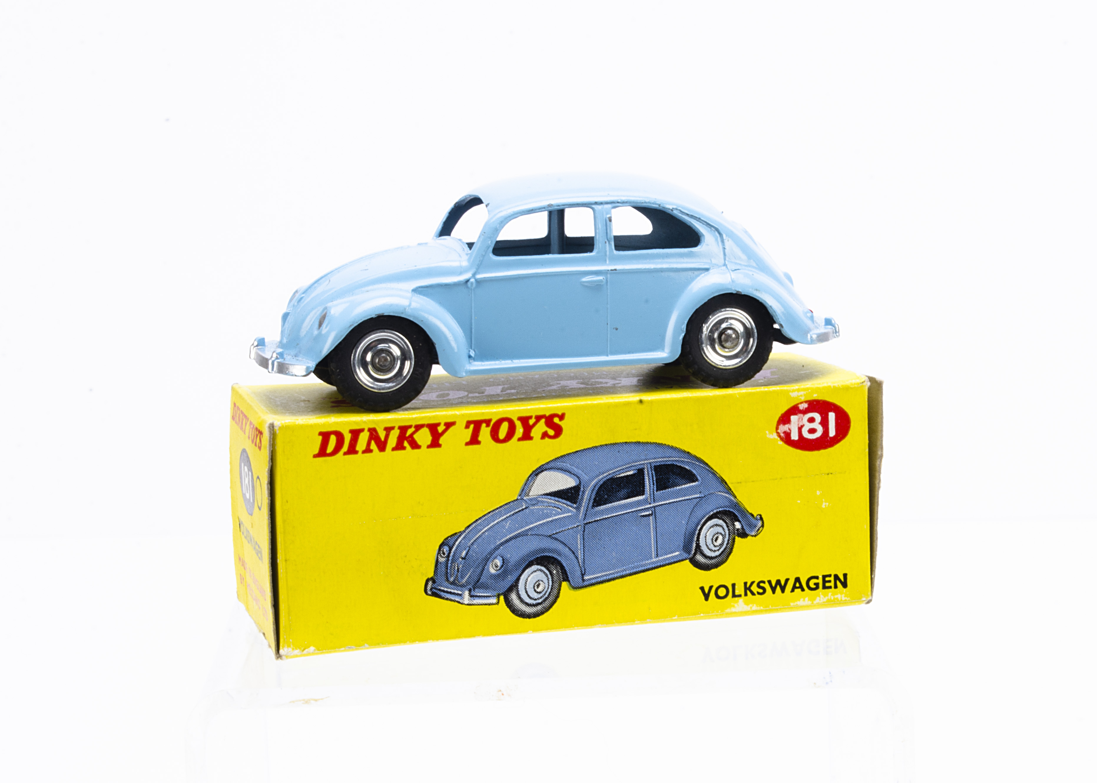 A Dinky Toys 181 Volkswagen Saloon, light blue body, matt black base, spun hubs, M tyres, in