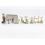 Heyde Germany 30mm scale sportsmen comprising footballers (6) with net, rugby players (5) with one