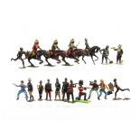 A selection of Britains figures comprising oval based Spanish infantryman at trail from set 92, oval