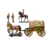 Hausser Elastolin 70mm scale tinplate horse-drawn British Army wagon with driver, VG, with 60mm