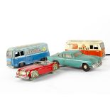 Various makers tinplate and plastic toy cars and vans, Japanese Swiss-style Ice-Cream Van and