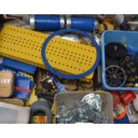Large collection of blue and Yellow Meccano, including girders, plates, various pulleys, gears,