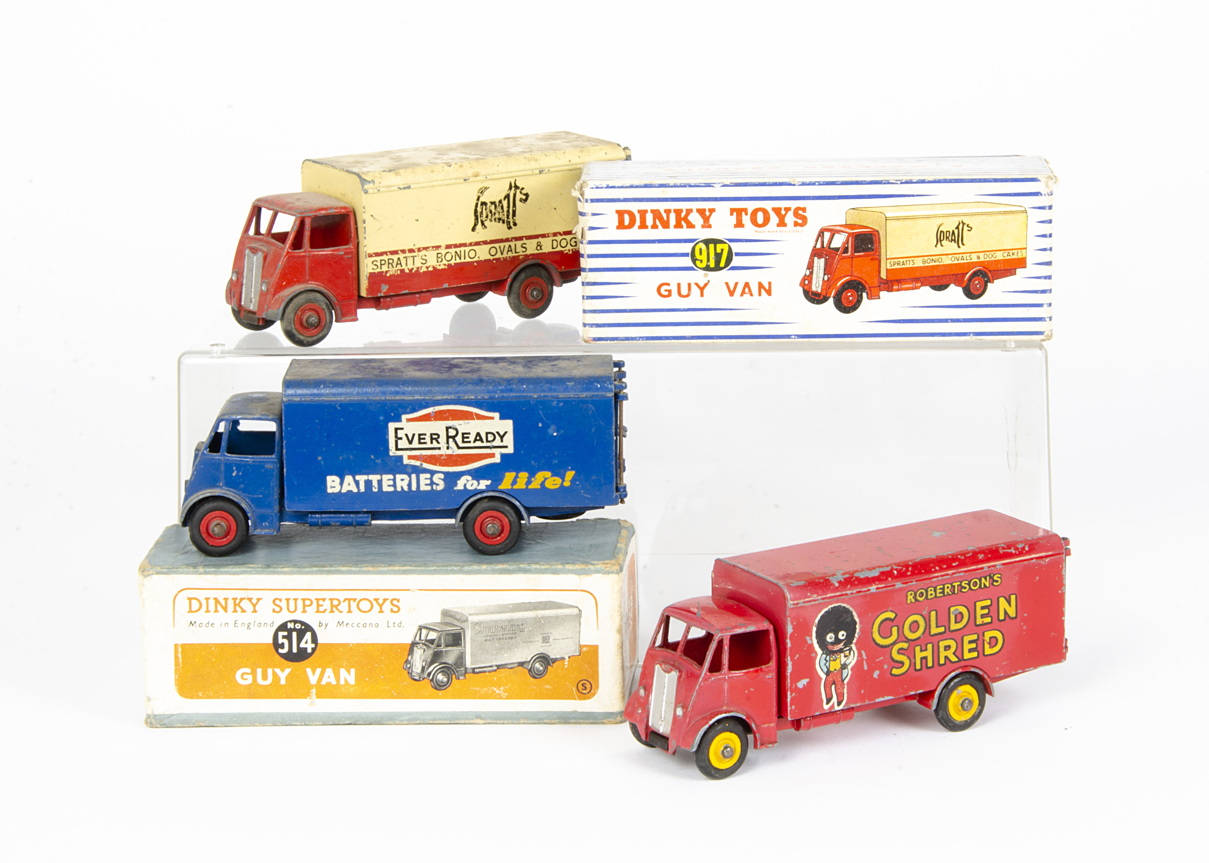 Dinky Toy Guy Vans, 917 Spratt's Van, 514 Slumberland Van, in original boxes, loose 917 Spratt's