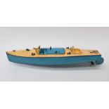 Hornby clockwork Racer 111 Racing boat, in blue and white, F-G, paint chips, tested