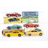 Russian/USSR Plastic Models, Ghia V280, Alfa Romeo 2600, Maserati Mistral (2), Iso Grifo, in
