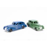Dinky Toys 39e Chrysler Royal Sedan, two examples, first dark blue body, black ridged hubs, second