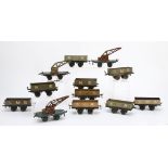 Hornby O Gauge 'OAG'-based No 1 Open and Crane Wagons, fourteen open wagons, enamelled and tin-