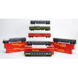 Tri-ang 00 Gauge Transcontinental Coaches, early Silver (3, boxed), blue Tri-ang Railways decals (