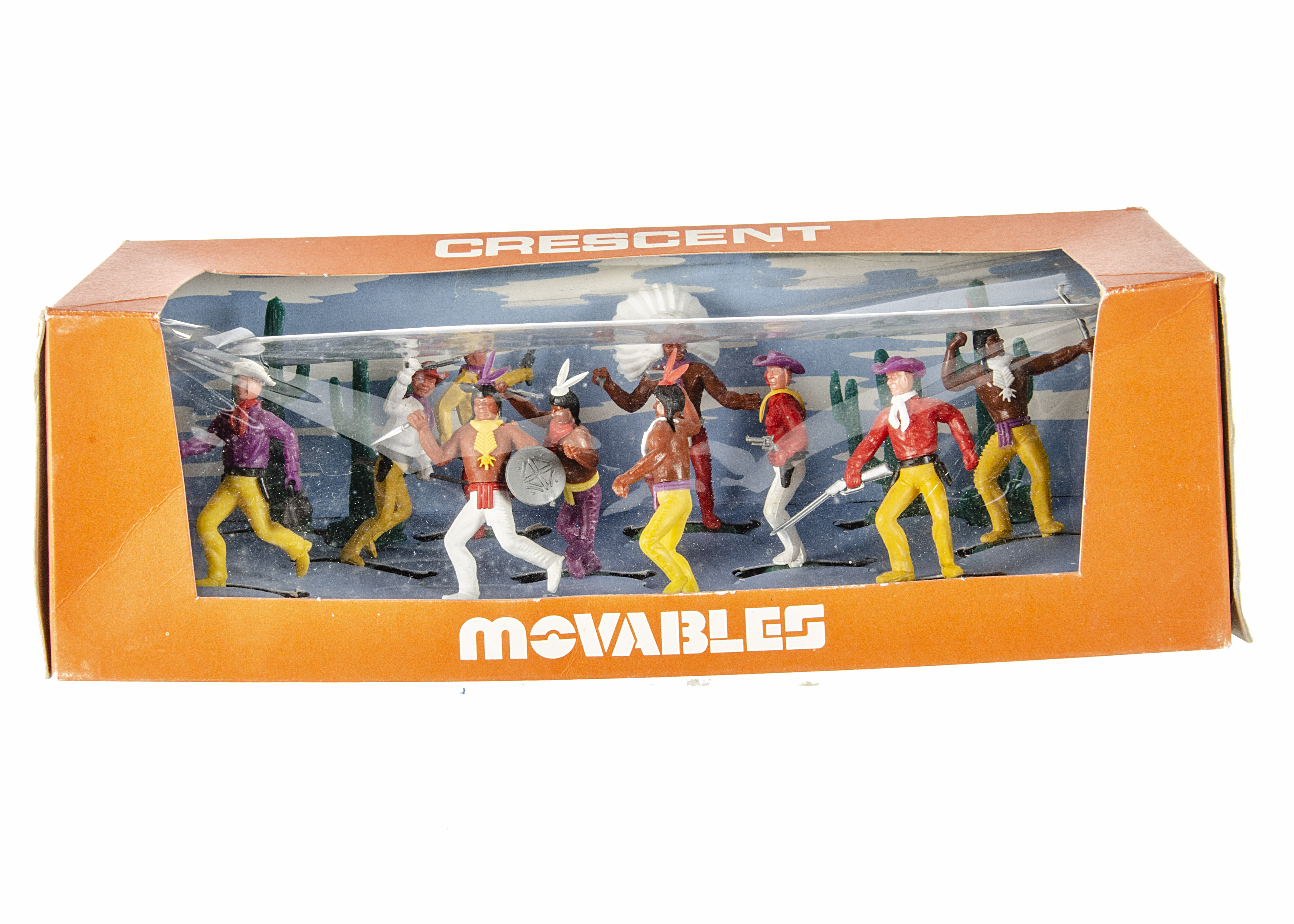 Crescent Toys plastic boxed set 904 Cowboys and Indians, late production 'Moveables', Crescent