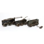 Three Bassett-Lowke O Gauge 6-coupled Mechanisms, one electric with longitudinal-mounted DC motor,