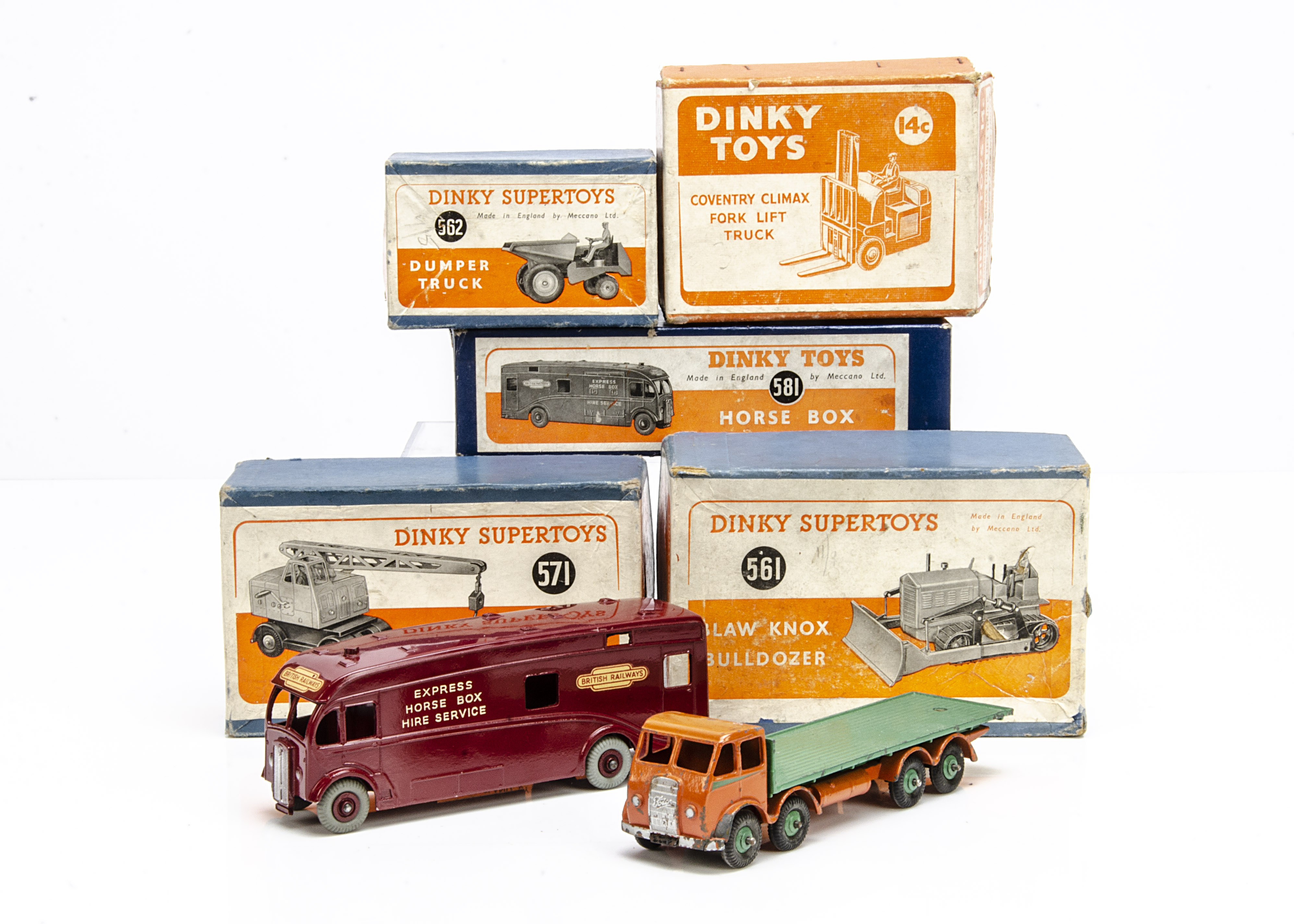 Dinky Toy Commercial and Construction Vehicles, 581 Horse Box, 571 Coles Mobile Crane, 561 Blaw Knox