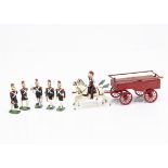 Superb solid cast 19th Century French horse drawn Fire Pump, wagon with 5 crew on foot, VG,