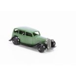 A Dinky Toys 30d Vauxhall, green body, black plain chassis and ridged hubs, E