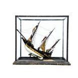 Model Sailing Ship in wood and glass display case, 3-masted Ship built and constructed in wood to