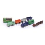 Chad Valley Midget Toys small scale Trains and other play trays, Midget clockwork blue 0-4-0, in