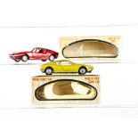 Mebetoys A38 Matra Vignale 530, two examples, first metallic red body, brown interior, cast hubs,