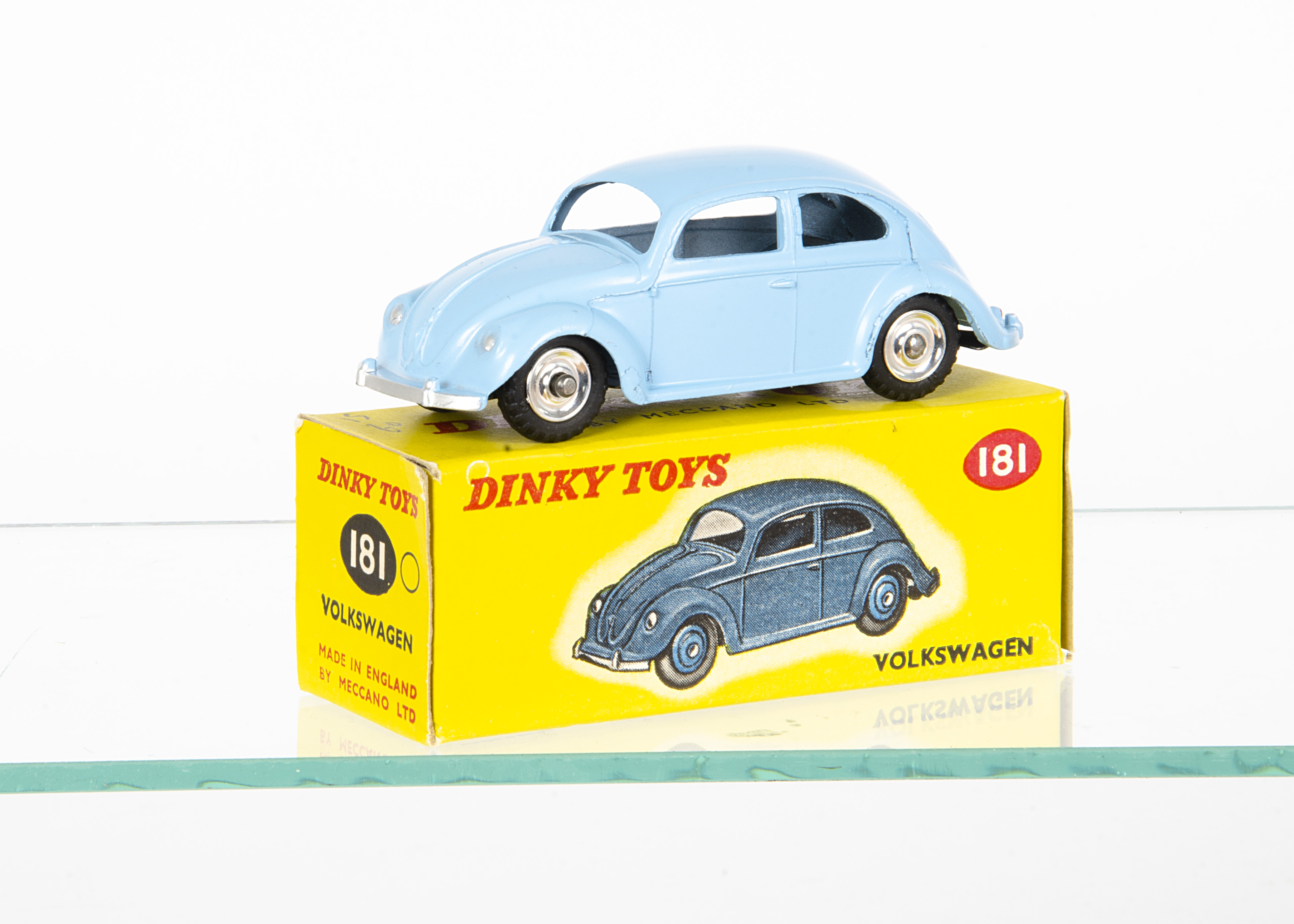 A Dinky Toys 181 Volkswagen Saloon, light blue body, matt black base, spun hubs, M tyres, in