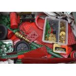 Collection of red and green Meccano, including girders, plates, various pulleys, gears, boilers,