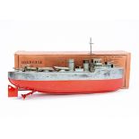 A Sutcliffe Grenville Model Destroyer, tinplate clockwork model, grey upper body, red lower hull,