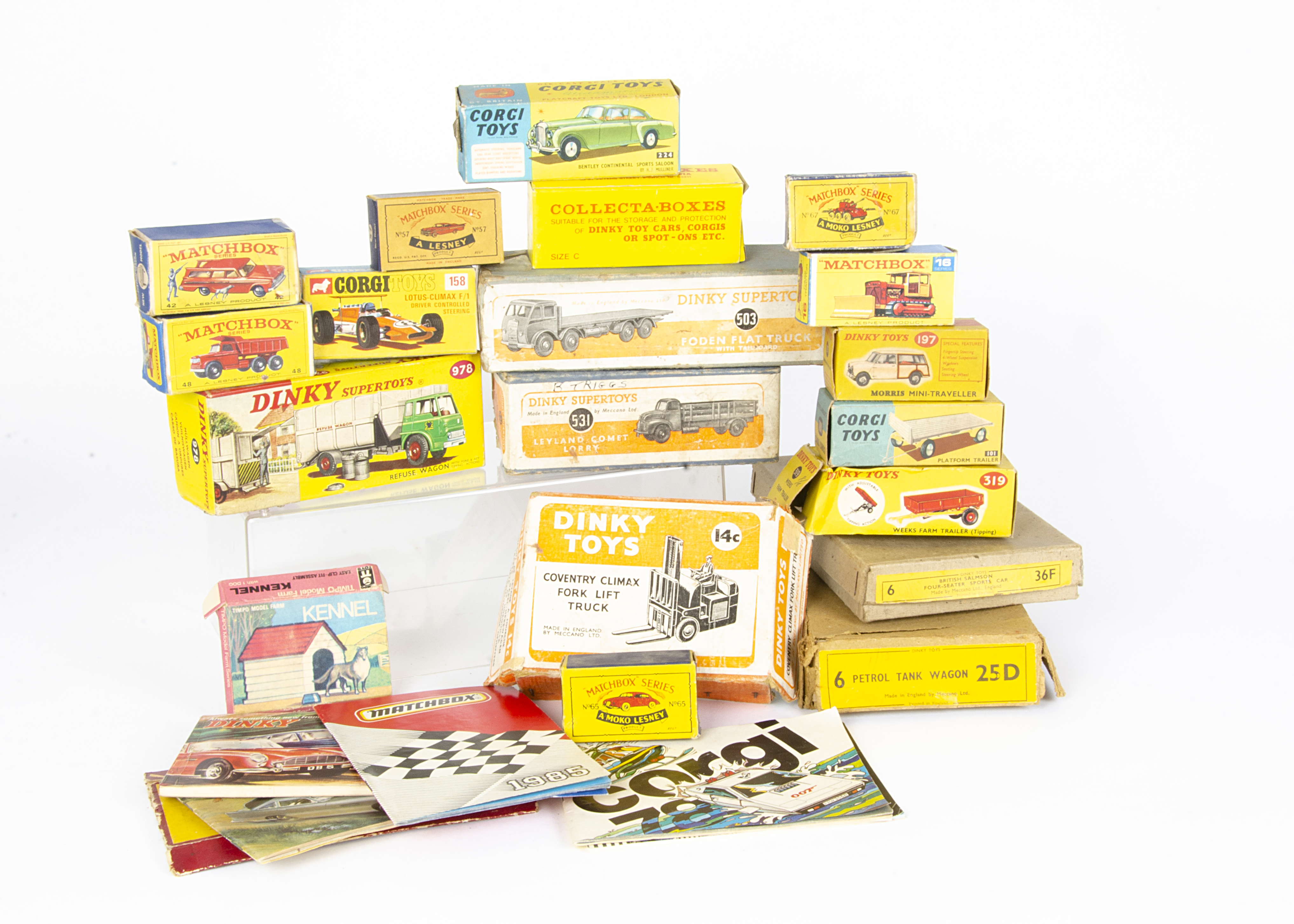 Dinky Toy and Other Empty Boxes, including 36f British Salmson Four-Seater Sports Car Trade Box, 25d