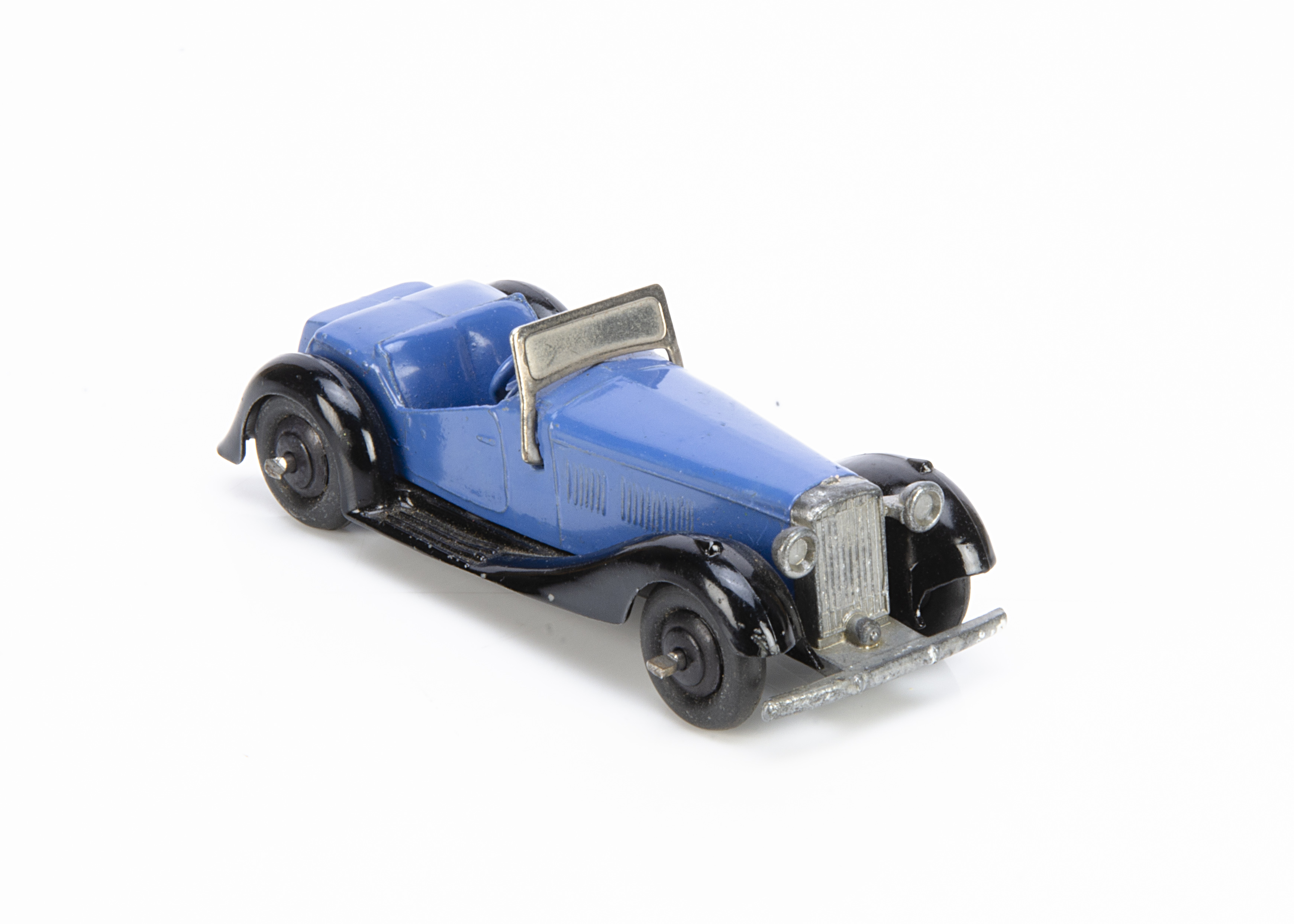 A Dinky Toys 36e British Salmson Two-Seater Sports Car, blue body, black moulded chassis and