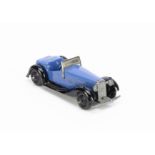 A Dinky Toys 36e British Salmson Two-Seater Sports Car, blue body, black moulded chassis and