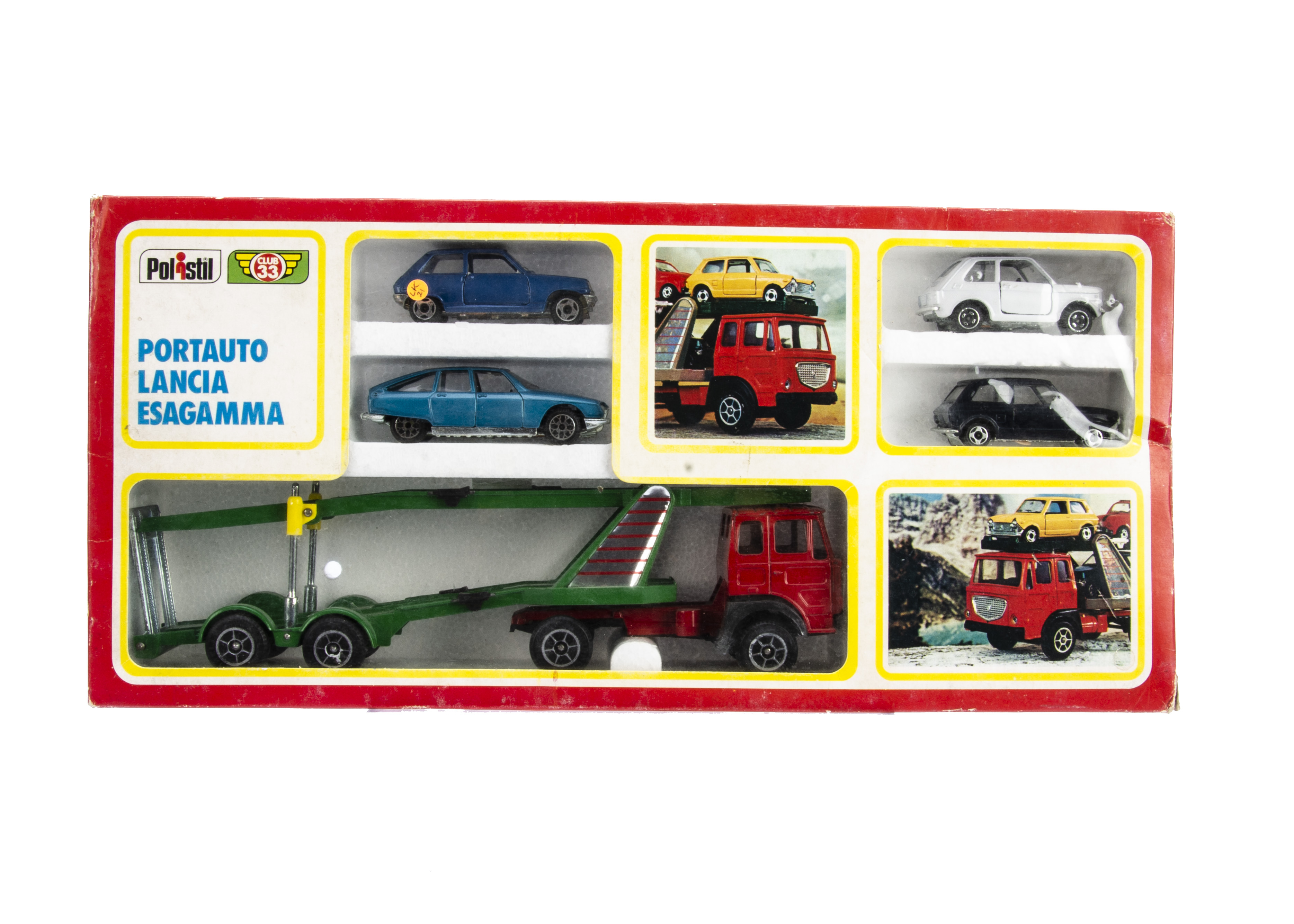A Rare Polistil 1/43 Lancia Esagamma Car Transporter and Cars M 1, red cab, dark green trailer and