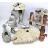 1970s/80s Starwars Vehicles and Ewok Village, an unboxed group with missing parts, damage,