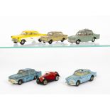 Playworn Tri-ang Spot-On Cars, NSU Prinz 4, Hillman Minx 1600, Ford Zodiac, Volvo 122s, MG PB