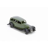 A Dinky Toys 30d Vauxhall, dark olive green body, black plain chassis and ridged hubs, E