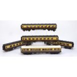 Five 'scale-length' O Gauge GWR Coaches, probably kit-built, mostly white-metal bogies, 3 coaches