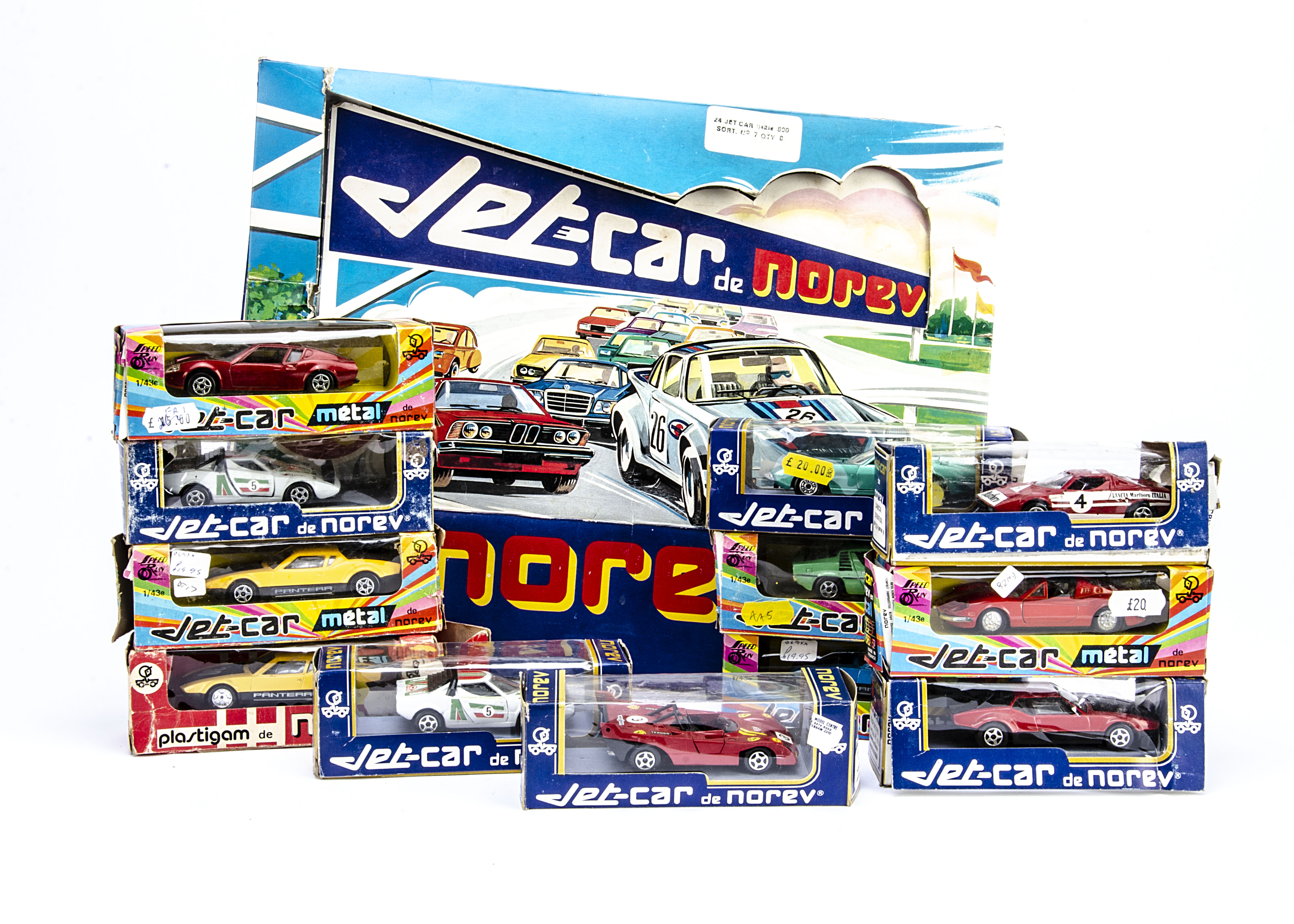 Norev Jet-Cars, including No 713 Lancia Stratos, No 195 Pantera De Tomaso, No 818 Ligier JS2, No 824