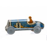 A 1930s Memo (France) Tinplate Boat Tailed Racing Car, penny toy type car, freewheeling, detailed