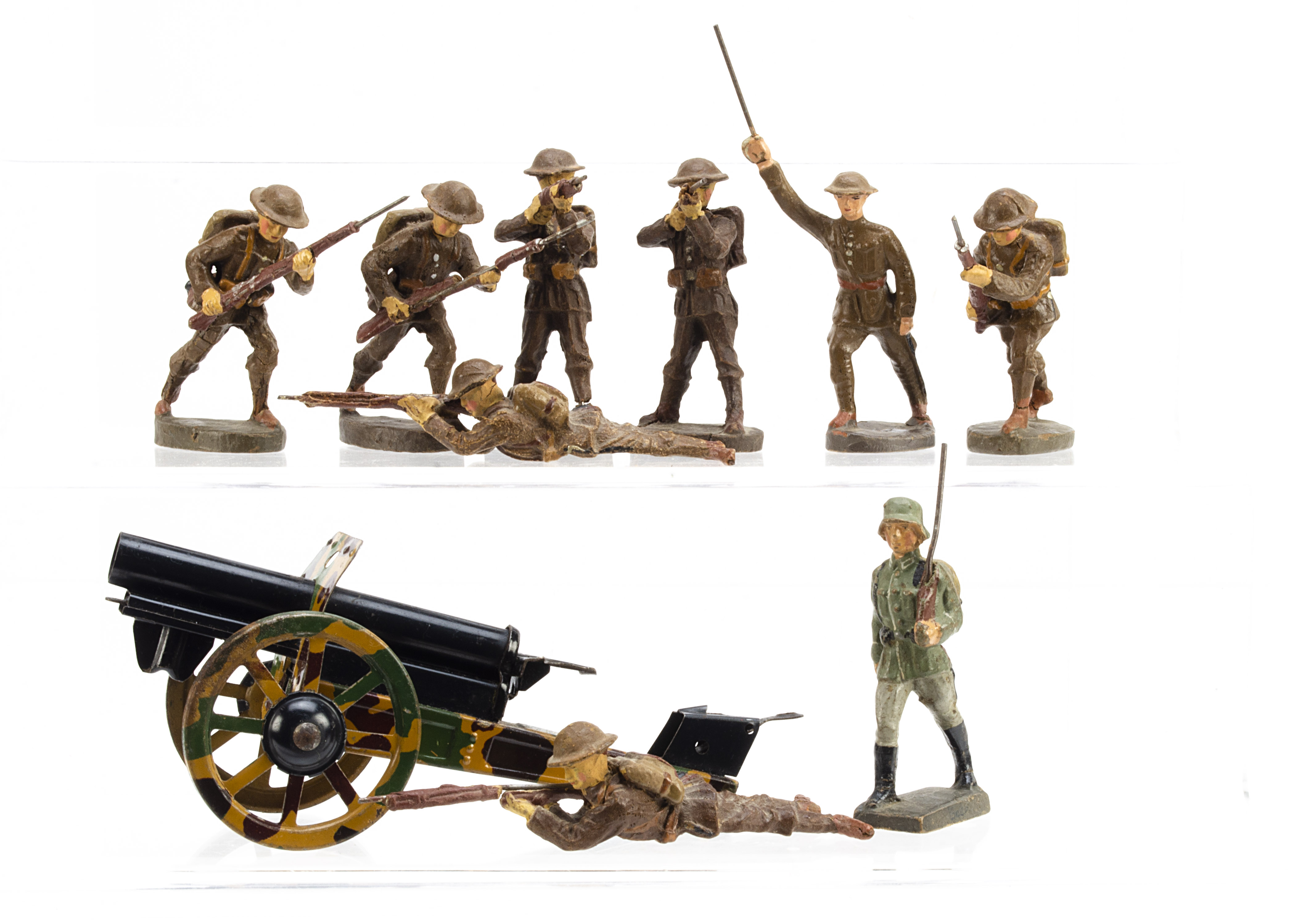 Elastolin 70mm scale composition British Infantry in fighting poses (9), with Duro officer, Lineol